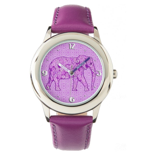 Relógio De Pulso Elefante da flor - roxo ametista (Frente)