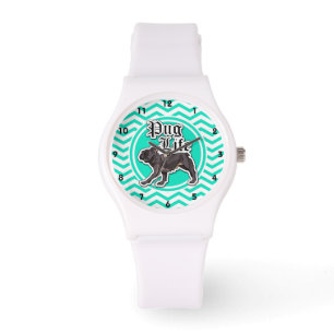 Relógio De Pulso Engraçado Pug; Aqua Chevron