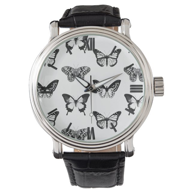 Relógio De Pulso Esboço da borboleta, branco e preto (Frente)