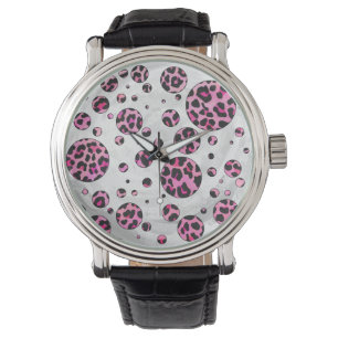 Relógio De Pulso Estampa Preto com Bolinhas de Leopardo e Rosa Neon