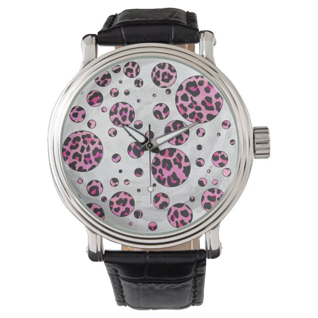 Relógio De Pulso Estampa Preto com Bolinhas de Leopardo e Rosa Neon (Frente)