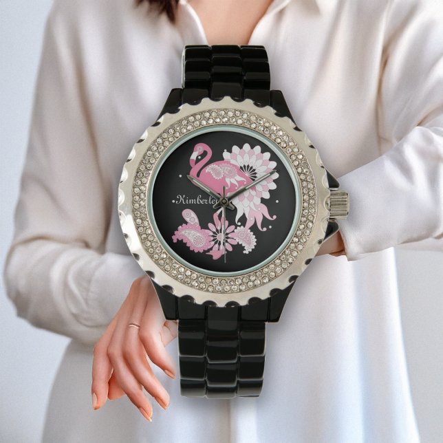 Relógio De Pulso Fantasia Moderno Flamingo Rosa Preto (Criador carregado)
