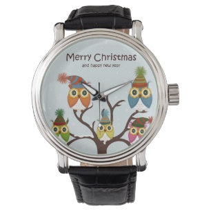 Relógio De Pulso Feliz Natal Owls na Árvore