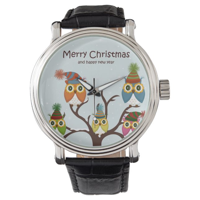 Relógio De Pulso Feliz Natal Owls na Árvore (Frente)
