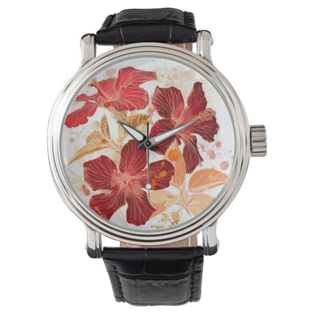 Relógio De Pulso Flor de Hibiscus - tinta aquosa 2 (Frente)