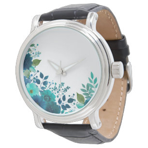 Relógio de Pulso Floral Teal Aquarela - Flo Botâni