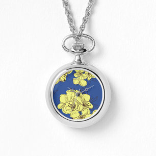 Relógio De Pulso Flores de Mão Amarelas Desenhadas em Azul