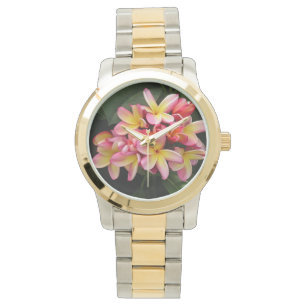 Relógio De Pulso Flores de Plumeria Rosa e Amarelo com dois tons