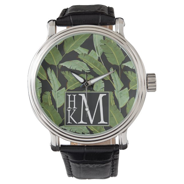 Relógio De Pulso Folhas de Palm | Monograma (Frente)