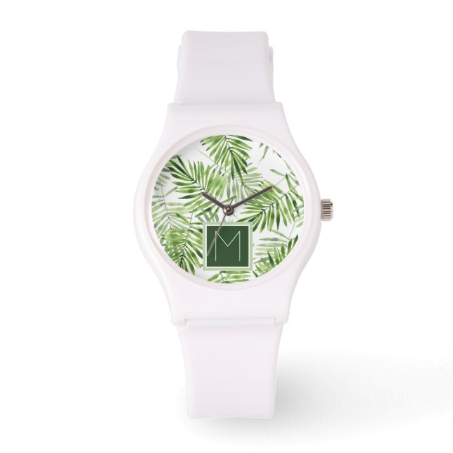 Relógio De Pulso Folhas de Palma Verde | Monograma (Frente)