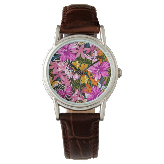 Relógio De Pulso Folhas tropicais e flores (Frente)