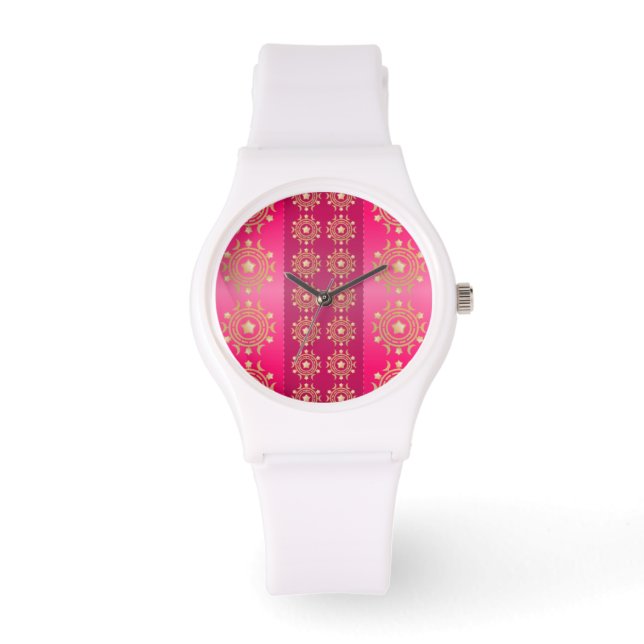 Relógio De Pulso Fuchsia Oriental Mandala Patterno (Frente)