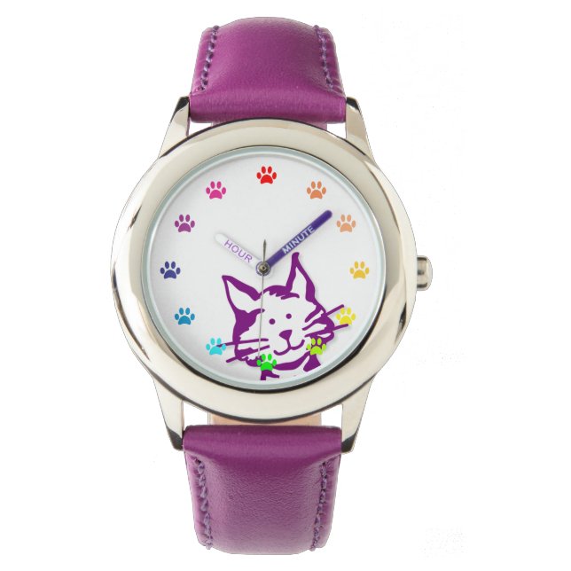 Relógio De Pulso Gato Roxo Espiando com Patas como Números (Frente)