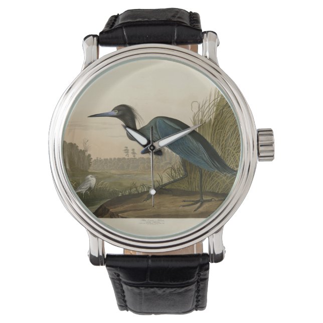 Relógio De Pulso Gaveta Garça Azul Audubon Impressão Arte Costeira (Frente)