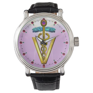 Relógio De Pulso GOLDEN CADUCEUS VETERINARY SYMBOL / Pink,Lilac