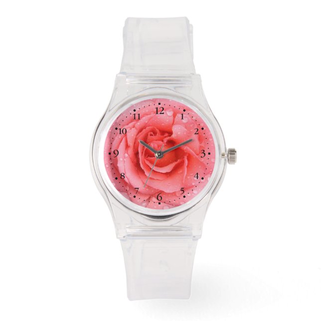 Relógio De Pulso Gotas de água de rosa cor de rosa romântica (Frente)