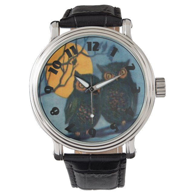 Relógio De Pulso Halloween da lua cheia da noite de coruja (Frente)