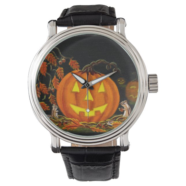 Relógio De Pulso Halloween,Jack-O-Lanternas,esquilos,outono,folhas (Frente)