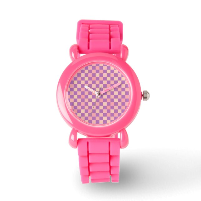 Relógio De Pulso hora de padrão rosa de xadrez (Frente)