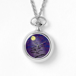 Relógio De Pulso Hora de urticária com Lua e Morcegos Amarelos de C