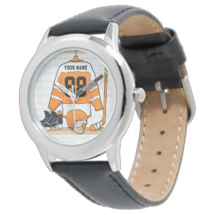 Relógio De Pulso Jérsei alaranjado e branco personalizado do hóqu