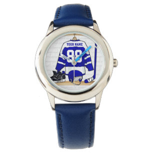 Relógio De Pulso Jérsei azul e branco personalizado do hóquei em