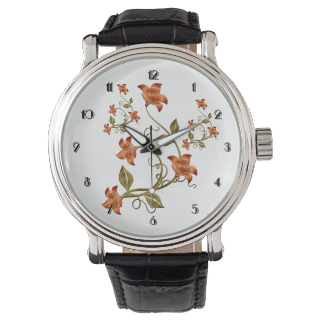 Relógio De Pulso Laranja Lillies Patterno Floral Vigia (Frente)
