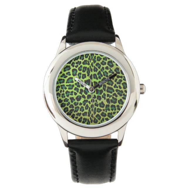 Relógio De Pulso Leopardo Negro e Impressão Verde (Frente)