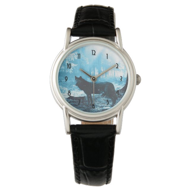 Relógio De Pulso Lobo Negro Sozinho na Floresta (Frente)