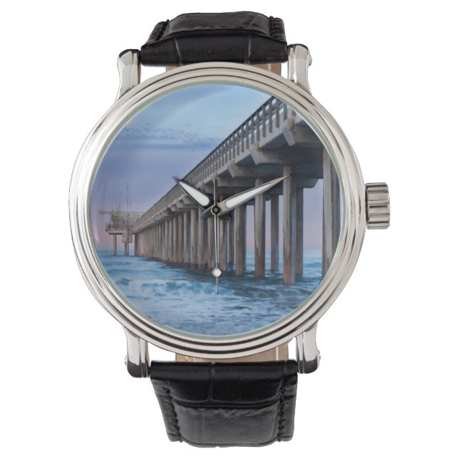 Relógio De Pulso Lua de cheio sobre píer, Califórnia (Frente)