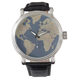 Relógio De Pulso Mapa Mundial Dourado e Azul