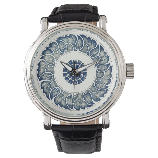 Relógio De Pulso Medalhão Chinês: Chinoiserie Azul Índigo (Frente)