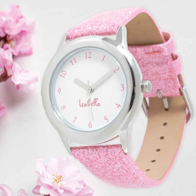 Relógio De Pulso Meninas Personalizadas Nome Cor-de-Rosa Coletor St (Custom Girls Name Pink Glitter Strap Kids Watch)