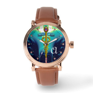 Relógio De Pulso MONOGRAMA CADUEUS Dourado,Azul Aqua,Teal