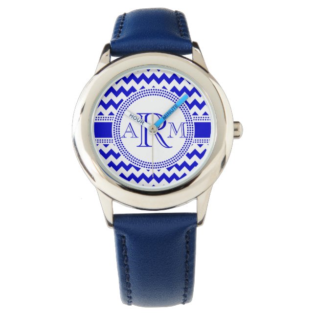 Relógio De Pulso Monograma Chevron Azul e Branco (Frente)