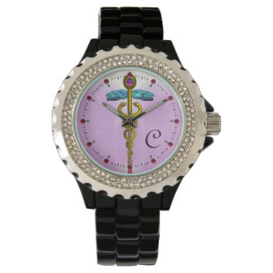 Relógio De Pulso MONOGRAMA DOURADO do CADUCEUS, rosa, Lilac