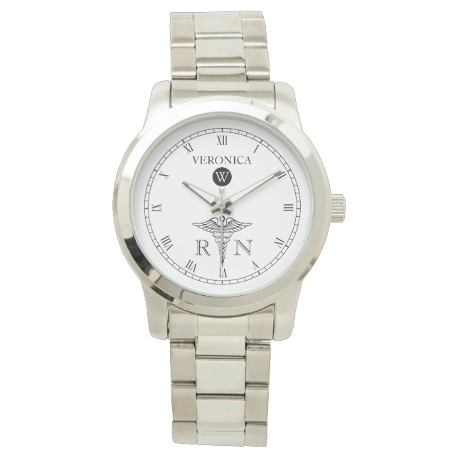 Relógio De Pulso Monograma Elegante Black|White Face Nurse Watch (Frente)