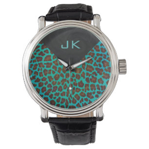 Relógio De Pulso Monograma Teal e Brown Leopardo