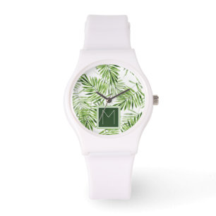 Relógio De Pulso Monograma verde das folhas de palmeira  