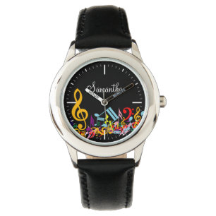 Relógio De Pulso Notas de música coloridas personalizadas em preto