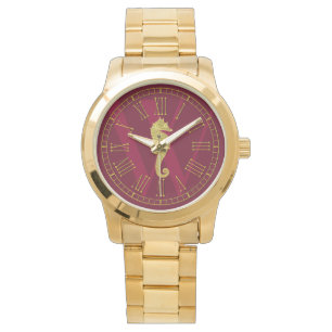 Relógio De Pulso O monograma Dourado do cavalo marinho personaliza