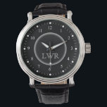 Relógio De Pulso Observatório do Monograma Branco e Preto<br><div class="desc">Relógios elegantes e elegantes, limpos e simples e personalizados para o homem especial na sua lista de presentes. Números brancos clássicos fáceis de ler com marcas de hash em preto. Negrito e sofisticado para cavalheiros de estilo tradicional — clique em Personalizá-lo para alterar os tamanhos de fonte, o estilo ou...</div>
