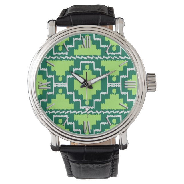 Relógio De Pulso Padrão Azteca Ikat - Floresta e Verde Lima (Frente)
