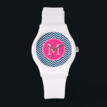 Relógio De Pulso Padrão Chevron com Monograma - Magenta Marinho<br><div class="desc">Um design popular com uma área para adicionar suas iniciais. Cores de tendências e padrões para o seu telefone celular. Se precisar ajustar os monogramas,  clique no botão personalizar e faça alterações.</div>