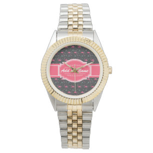 Relógio De Pulso Padrão de Flamingo Rosa de Nome Personalizado