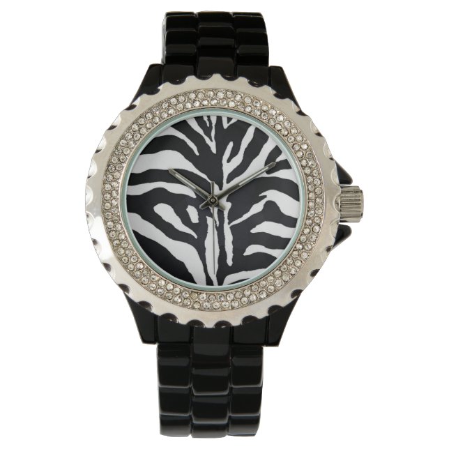 Relógio De Pulso Padrão de Zebra Rhinestone Esmalte Preto Moda (Frente)