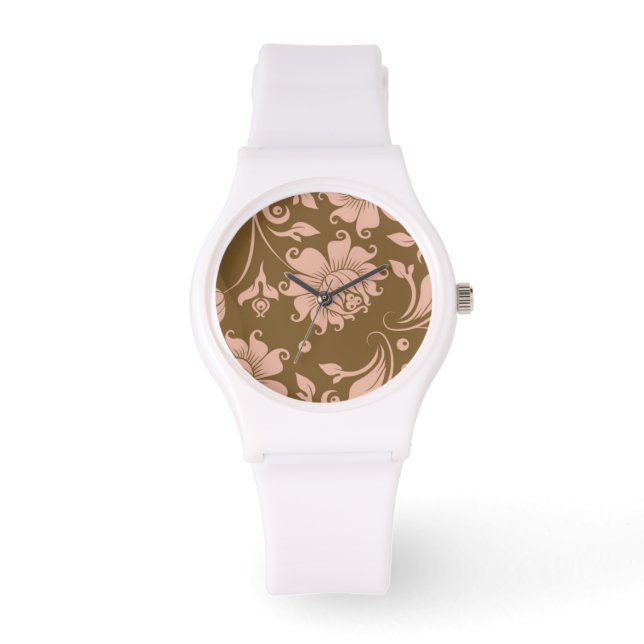 Relógio De Pulso Padrão Floral Rosa e Castanho (Frente)