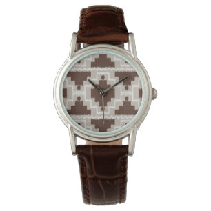 Relógio De Pulso Padrão Ikat Aztec - Castanho e Taupe de Chocolate
