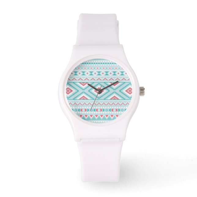 Relógio De Pulso Padrão Tribal Aztec Teal e Rosa (Frente)