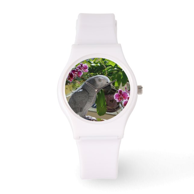 Relógio De Pulso Papagaio-Cinza africano com orquídeas (Frente)